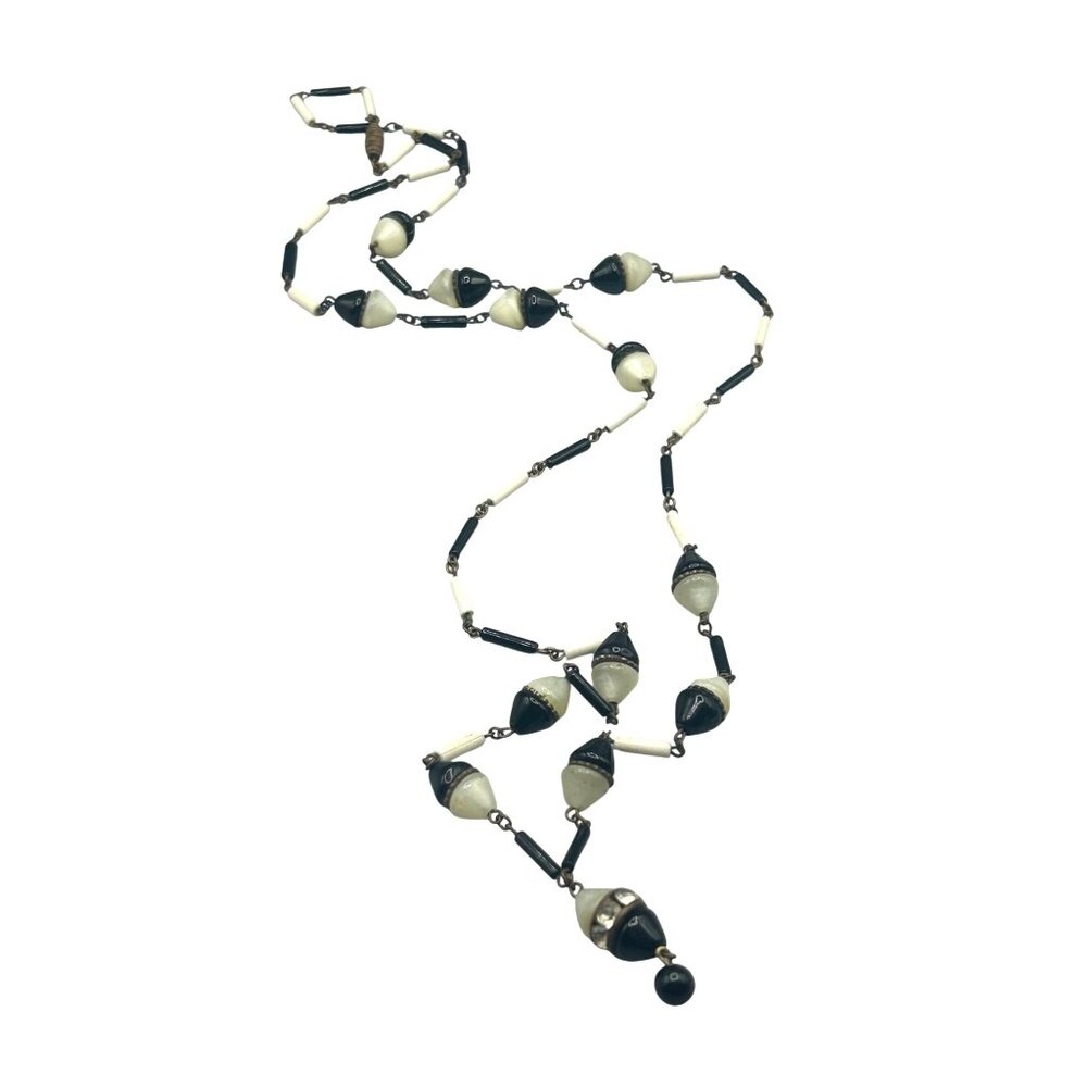 Antique 1940s Czech Glass Necklace Glowing UV Reactive Beads Black And White